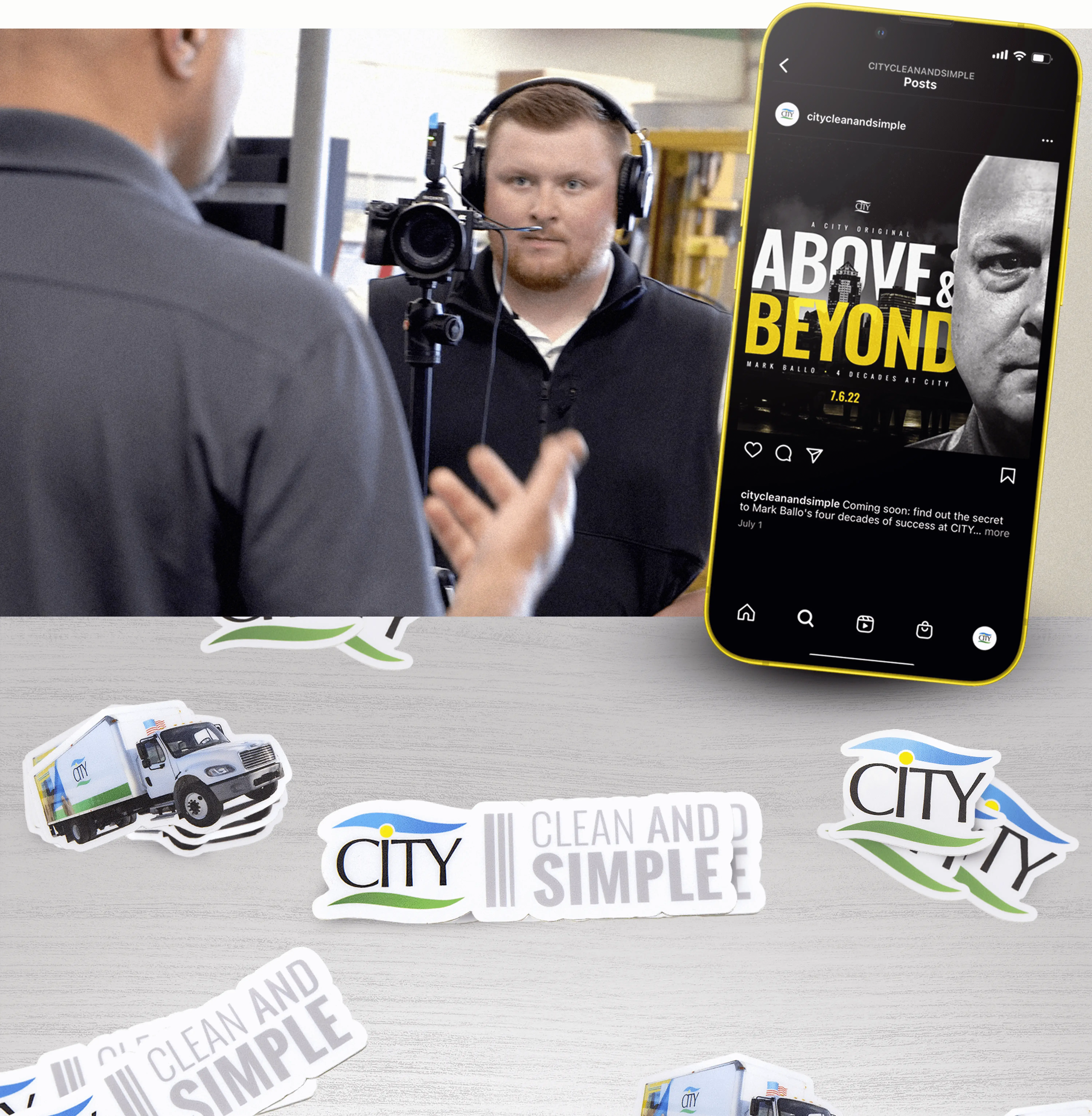 iPhone overlayed onto Videographer image with CITY Sticker examples below